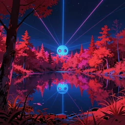 landscape by alvar aalto, magic realism lake retrowave neon noir alien reclaimed by nature thermal imaging laser nightsky studio ghibli neon signs dramatic lighting nature anime infrared, archdaily, wallpaper, highly detailed, trending on artstation.