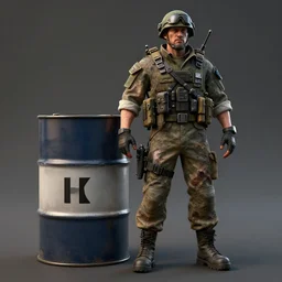 a heavily mutated soldier standing next to a nuclear waste barrel, 3 d render, octane, ray tracing, ultra high resolution, ultra detailed, photorealistic, 8 k