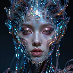 detailed face of a woman, lush, opulent, biomechanical cocoon, rebirth, cytoplasm, bioluminescent, tech noir, wet reflections, cascading light, transformation, prism, radiosity, pj crook, syd mead, livia prima, artgerm, greg rutkowski, nick alm, casey baugh