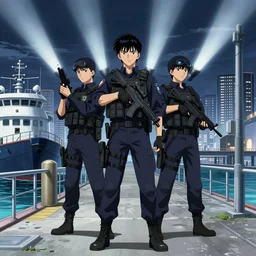 Poster Illustration of neo-Tokyo bank robbery movie,  Bank Robbery, Anime, Highly Detailed, Special Forces Security, Searchlights, Boat Dock, Special Agent, Water, Akira Color Palette, Inspired by Akira + MGS2 + FLCL, 8k :4 by Vincent Di Fate + Arc System works + Katsuhiro Otomo : 8