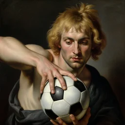 a blonde man operating on a soccer ball, highly detailed, heroic, epic, complex, realistic, HD quality, 8k resolution, body and headshot, Oil Painting, Italian Renaissance Painting Style,Trending on Artstation