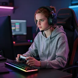 model emma watson rgb keyboard  wearing a gaming headset wearing hoodie sitting on gaming chair dramatic lighting from monitor light from gaming monitor in gaming room holding gaming controller award winning photo