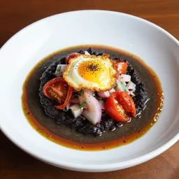 “Black pudding ceviche in leche de tigre, roasted tomatoes, fried egg, chili oil, Michelin starred restaurant, award winning photography, 40mm, f4”