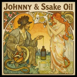 album cover for the Johnny Cash and Snake Oil colab record. Snake oil, quackery, folk medicine, scamming, beautiful album cover with no text, album art by Greg Hildebrand and Alphonse Mucha