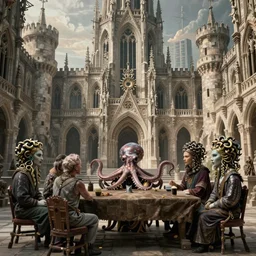 group of humans with octopus heads arguing with mages with medusa heads they are sitting near the table in an ancient mage castle with enormous scale, gothic and baroque, brutalist architecture, ultradetailed, Intricate by James Jean and Josan Gonzalez and John Howe and Giuseppe Arcimboldo