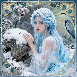 goddess of winter in a zen garden, by Peter Kemp, ice blue eyes and light blue anime hair, glamorous hairstyle, frost clings to her skin, wearing translucent white and ice blue Enjolras fashion, lost in the moment, winter, art nouveau, ice clings to the rock garden by Brian Froud, frozen tear, berries, a heron, evergreen branches, white, ice blue, frost on the canvas, baroque border illumination by Alphonse Mucha