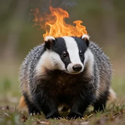 badger with flames rising from its fur, incredibly detailed, photorealistic