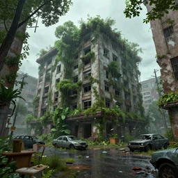 the exterior of an abandoned a city 🏦🏢 with trees growing everywhere with furniture and everything in deterioration, in the rain and with wrecked cars outside and weeds growing 🌿 on the walls, style artstation, style greg rutkowsk, comic art book,, octane render, unreal engine 6, epic game graphics, fantasy, ciberpunk, post - apocaliptic, ray tracing