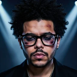 a close - up of the weeknd wearing shattered black glasses, bruises, studio lighting, beams of light, vaporwave, noir