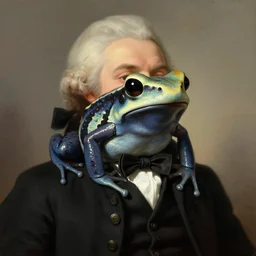 a head - and - shoulders portrait of an amazon milk frog wearing a black buttoned waistcoat ( ( ( ( bowtie ) ) ) ), a portrait painting by john trumbull, trending on artstation, american romanticism, artstation hd