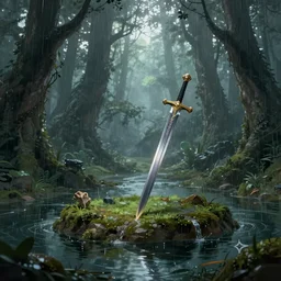 sword stuck in a pond island, rainy enchanted forest of the ancients, moody high exposure, digital painting, concept art, photoshop speedpaint