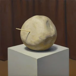 painting of art exibit of a beige round boulder with matchstick implanted on its side, on a cube shaped table against a dark brown curtain, surreal painting, impressionist painting, ivan seal, wide brush strokes