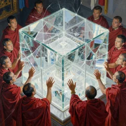 closeup of worshippers in red robes touching a very complex gigantic glass tesseract violently illuminating a small glass room with glass windows, seen through broken glass!!!, very bright white light, small room!!, closeup!!, very harsh lighting, high detailed beksinski painting, part by adrian ghenie and gerhard richter. masterpiece, bright white