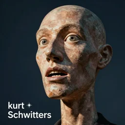 by kurt schwitters ✨. a beautiful photograph of a giant head. the head is bald & has a big nose. the eyes are wide open & have a crazy look. the mouth is open & has sharp teeth. the neck is long & thin.