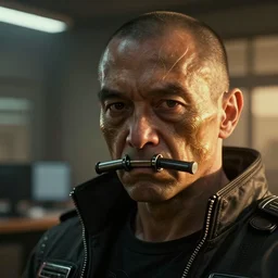 cyberpunk cop in office, muzzle close up, atmospheric lighting, painted, intricate, golden hour, ultra detailed by peter gric, giger, enki bilal