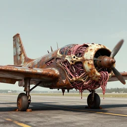technobiological rusty fighter aircraft consisting of bones and guts and ripped flesh and iron and meat and skin and veins and entrails. aircraft is on the runway. biopunk, bodyhorror, very rust, high detail, photorealism, full length view, concept art, octane render, cgsociety by hermann nitsch