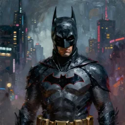 cyberpunk batman with fullface mask, red bat logo, wide shot, moody, futuristic, city background, brush strokes, oil painting, greg rutkowski