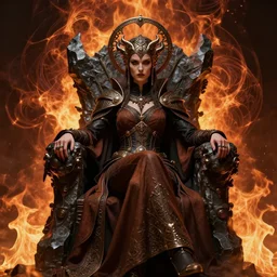 evil steampunk pyromancer woman, beautiful face, ornamental halo, black shirt, brown body, tunic, intricate robes, sitting on obsidian throne, fractal fire background, sharp focus, highly detailed, cinematic lighting, studio quality, chiaroscuro, smooth render, unreal engine 5 rendered, octane, rendered, by artgerm, greg rutkowski, alphonse mucha