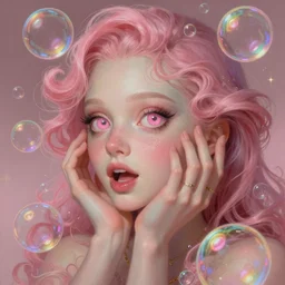 dream portrait of Ali Larsen, dreamy and ethereal, expressive pose, big pink eyes, exciting expression, fantasy, intricate, elegant, many rainbow bubbles, rose tones, highly detailed, digital painting, artstation, concept art,cyberpunk wearing, smooth, sharp focus, illustration, art by artgerm and greg rutkowskiand alphonse mucha,Salvador Dali.