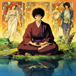 samurai meditating by a serene reflection pool, feudal japan, intense, vivid complementary colors, beautiful linework, octane render, professional concept art by jonathan hickman, miyamoto mushashi, ghibli, alphonse mucha, reads, ross tran, rutkowski, grenier, octane render, marvel, dc, dnd