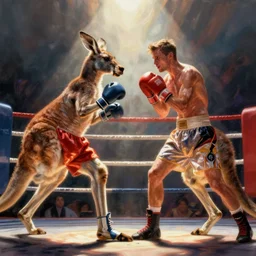 man does boxing against a kangaroo, Jim burns, Hildebrandt, artstation, artgerm, kangaroo fight, boxing ring