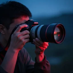a photographer taking a picture. close up. telephoto lens. blue and red lighting. bokeh. vignette. bluish darks
