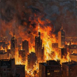 a painting of a burning city