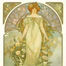 art nouveau illustration of a 1 9 th century woman standing above a field of flowers