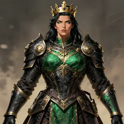 A tall, enormously strong woman with black hair, wearing an intricate black and green gambeson, wearing a royal golden crown and a small necklace, monster hunter concept art. Masterpiece. trending on pixiv, trending on ArtStation, wallpaper, cinematic
