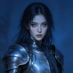 a beautiful woman dark hair in an armor with dark eyes, elegant, dark blue, ethereal horror fantasy art by greg rutkowski and magali villeneuve and claude monet, detailed face