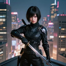 ghost in the shell, front view pretty gril, ninja girl with a katana, skyscrapers in the background, view from the top of a building, glowing lights, photorealistic, unreal engine 5, sharp focus, lights »