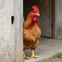 man dressed as a chicken hiding behind a corner