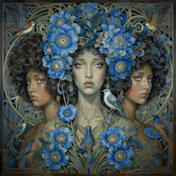breathtaking detailed concept art painting art deco pattern of afro faces goddesses amalmation light - blue flowers with anxious piercing eyes and blend of flowers and birds, by hsiao - ron cheng and john james audubon, bizarre compositions, exquisite detail, extremely moody lighting, 8 k