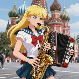 sailor jupiter play in saxophone in accordeon, background ussr street in big moscow, anime art, unreal render, hyper detailed drawing, intricate, anime key visual, manga, digital painting, artstation, hard focus, symmetry, illustration, landscape