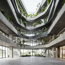 architectural rendering, brutalism interior like habitat 6 7, using modern material like steel + concrete + glass, biophilia