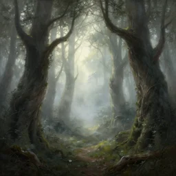 an old elven wood, a view to an eerie fantasy world, ethereal back light, mist, coherent composition, detailed fantasy painting by artgerm