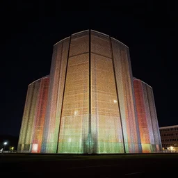 : architectural photography. composition : long shot ; knee level ; low angle. key words : award winning ; detailed ; vivid colors ; colorfull. scenery : outer heaven ; circa 1 9 9 5. details : at night.