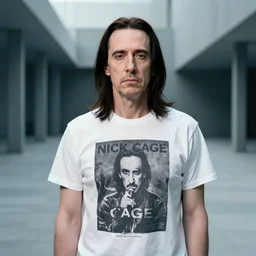 portrait of long haired nick cage wearing a tshirt with nick cage print lost in liminal space by tadao ando
