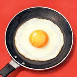 fried egg on a pan, kseniia yeromenko, rob duenas, watercolor, illustration, red background, highly detailed