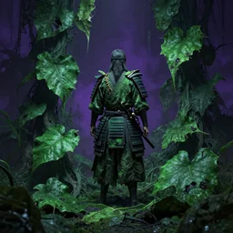 a samurai standing in a highly detailed over dimensional green leaves that are not from this world decaying with black vaines, dark fantasy, photorealism, unreal engine, purple hue, sci-fi, by Greg Rutkowski