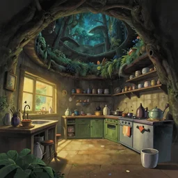 naive nerikomi, weird perspective, cel shading, detailed illustration of a kitchen dim lit in a scenic spiral environment by ghibli from lorax movie, trending artstation