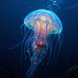 bioluminescent cyberpunk siphonophore, extreme light, submersible, deep ocean, organic, mariana trench, midnight zone, bubbles, hyper realistic, hyper detailed, digital art, trending in artstation, studio quality, photorealistic, photo, by jesper ejsing, wlop, paul lehr