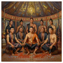 portrait of smart tai warlords assemble in tai ethnic group traditional tent, tai mon khmer interior decoration, oil painting, fantasy, detailed and intricate environment