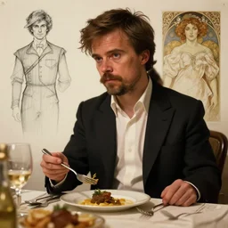 peter dinklage eating dinner, character sheet, character design, contrast, deep focus, turnaround, highly detailed, dramatic lighting, digital painting, artstation, concept art, matte, sharp focus, illustration, elegant, art by artgerm and greg f and alphonse mucha.