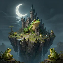 frog kappa necromancer castle keep on glorious cliff moat with the crescent moon rippling above. Craig Mullins, Dylan Cole, Liang Mark, Darek Zabrocki, Finnian MacManus, Sung Choi, Ruan jia, Albert Bierstadt Greg Rutkowski, Cinematic Keyframe Environmental & Architectural Design Concept Art, Trending on ArtStation