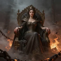Queen of Tartaria seated for a portrait on an ornate old world seat, dynamic lighting, intricate, elegant, highly detailed, digital painting, artstation, HR GIGER, Hieronymus Bosch, Francis Bacon, concept art, smooth, very beautiful, sharp focus, illustration, photorealism, deviantart, artstation, Oled 8k, tilt shift, haze, hazy, smoke, smoky, fire, embers, firelight, noisy, oversharpened, paint flecks, rusty chain fencing, ash, falling, skin, dark, too sharp, unclear, underexposed