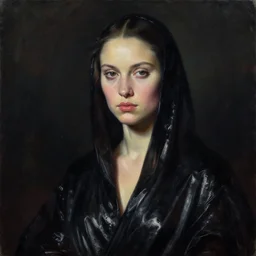 hyperrealism mixed with classicism, oil painting, close - up portrait, fashion model, fully clothes in black reflect robe, complete darkness, in style of classicism mixed with 8 0 s sci - fi hyperrealism
