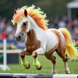 action shot from a distance of 2 0 m of a hybrid my little pony ( appaloosa horse ), professional, high quality, neon colored mane, a horse is at a steeplechase event, 4 k, dof, bokeh, action, dramatic lighting, photorealistic, detailed, hq, photorealism, digital art