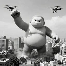 Giant Gigachad destroying a city, drone footage black and white