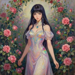 middle eastern scifi alchemist at the rose garden, wearing a lovely dress with vaporwave details. this oil painting by the award - winning mangaka has an interesting color scheme and impeccable lighting.